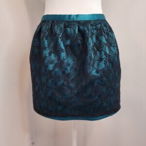 Heritage 1981 Womens Medium Lace Mini Skirt Green Satin Black Lace Pockets Pleat